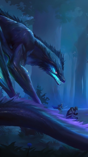 Dragon and warriors in a forest from Legends of Runeterra