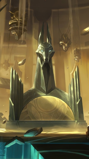 Ancient Anubis-like statue in a desert temple in Legends of Runeterra
