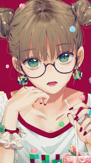 Anime girl with glasses and colorful earrings