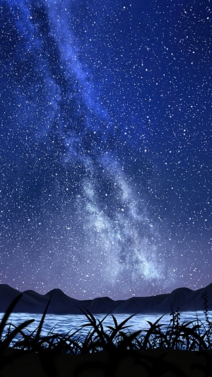 Starry Night Sky Over Water and Mountains