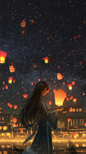 Anime girl releasing sky lanterns at night