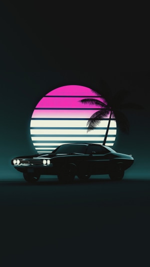 Vintage car silhouetted against a neon sunset with palm tree