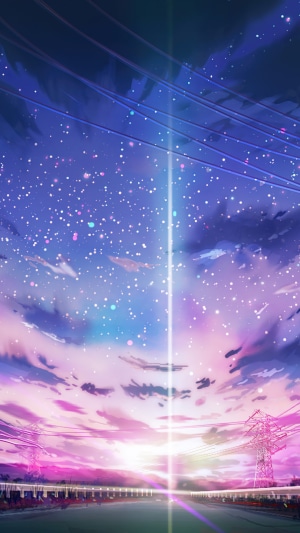 Anime sky with stars and clouds over a road