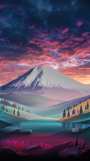 Digital art of a mountain landscape with a lake at sunset