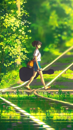 Anime girl with guitar case walking on tracks