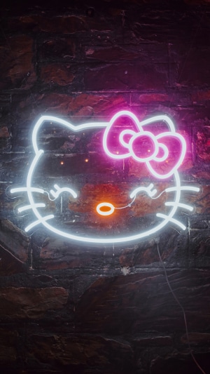 Hello Kitty neon sign on brick wall