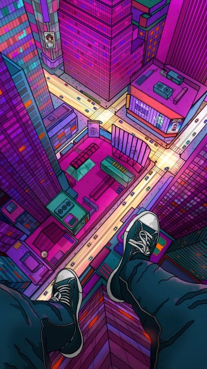 View from a skyscraper overlooking a neon city at night