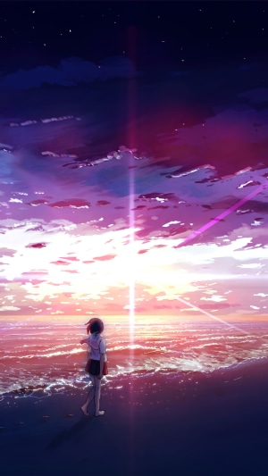 Anime girl on a beach at sunrise