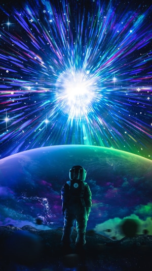 Astronaut looking at a cosmic explosion over a planet