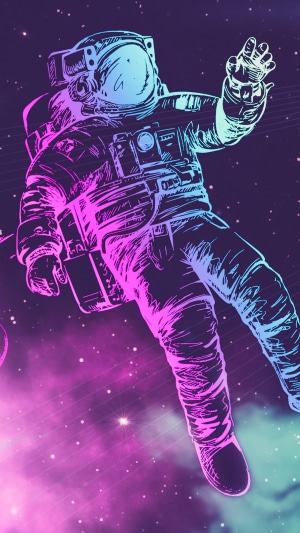 Astronaut floating in neon space with stars