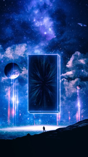 Portal in a starry sky with planets and a person