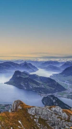 Aerial view of Lake Lucerne and Swiss Alps
