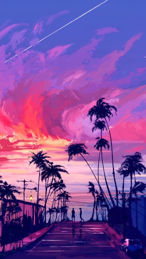 Palm trees silhouetted against a vibrant sunset sky