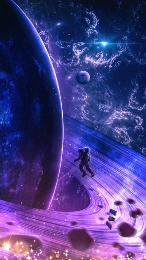 Astronaut floating near a ringed planet in space