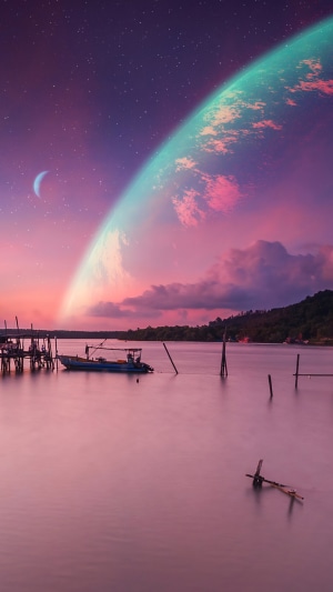 Digital art of a planet over a sea at sunset