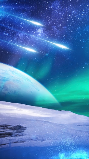 Aurora Borealis over a Frozen Planet with Comets