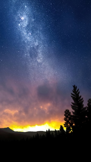 Milky Way over mountains and forest at sunrise