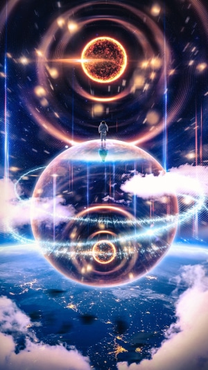 Astronaut on a planet with the Sun and Earth