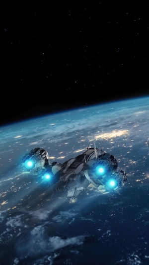 Spaceship flying over Earth at night