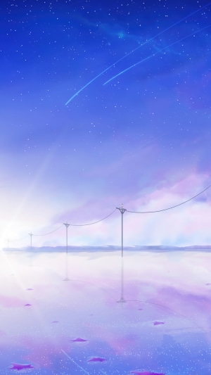 Anime sky with shooting stars and reflections