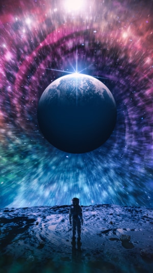 Astronaut on a planet looking at a glowing planet in space