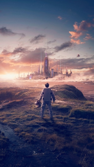 Astronaut looking at a futuristic city at sunset