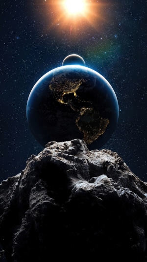 Asteroid with Earth, Moon, and Sun in Space