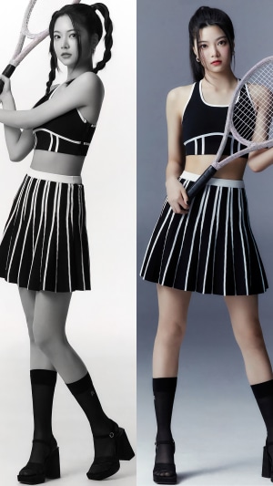 Hong Eunchae from LE SSERAFIM holding a tennis racket