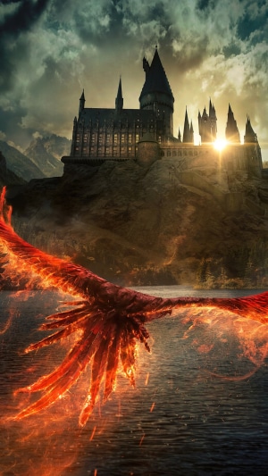 Phoenix flying over water with Hogwarts castle in background