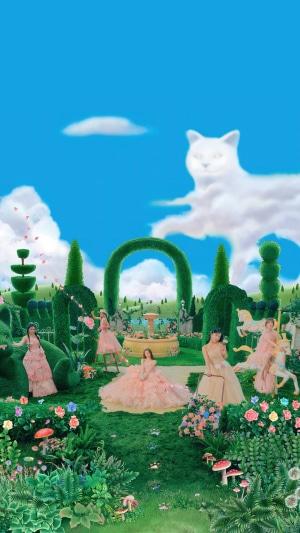 Red Velvet members in a whimsical garden with a cat cloud