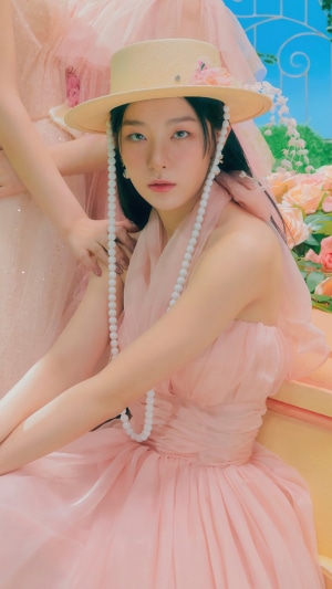 Seulgi from Red Velvet wearing a straw hat and pink dress