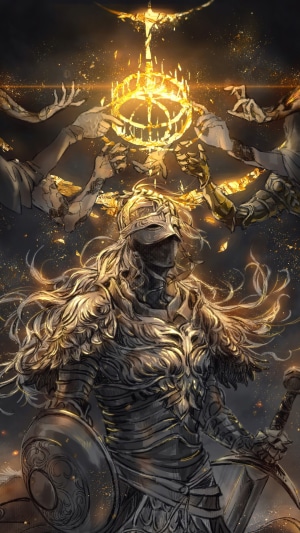 Elden Ring Tarnished holding a crown with hands reaching