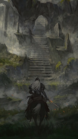 Tarnished on horseback before a cave entrance with stairs
