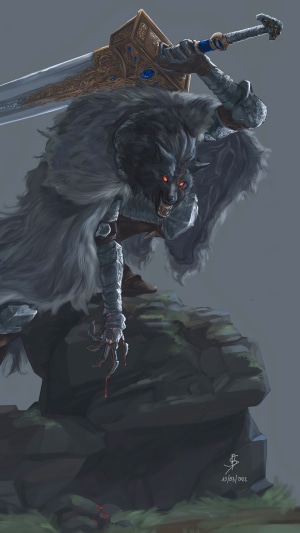 Blaidd from Elden Ring holding a large sword