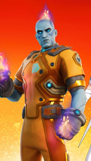 Fortnite character with blue skin and orange suit