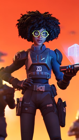 Fortnite character with afro and glasses holding hologram