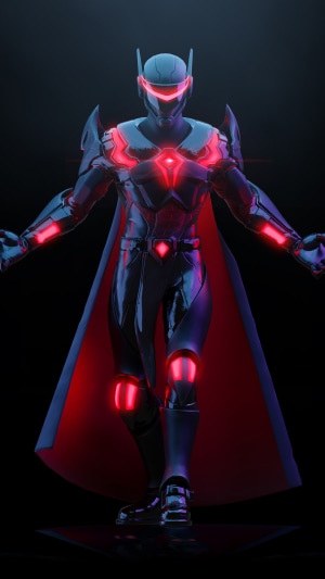 Fortnite character with red glowing accents and cape