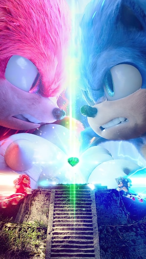 Sonic the Hedgehog and Knuckles the Echidna face off over a Master Emerald