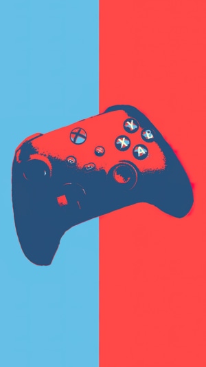 Xbox controller on a split blue and red background