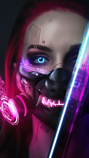 Cyberpunk, Samurai, Girl, Oni, Mask, Cgi, Digital Art, 4k, HD Wallpaper