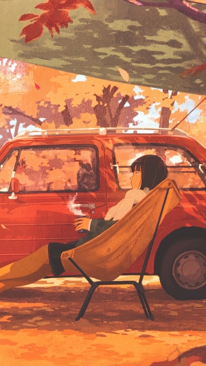 Anime girl camping in autumn by a red car