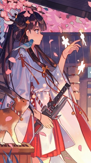 Anime girl in kimono with cat and bird
