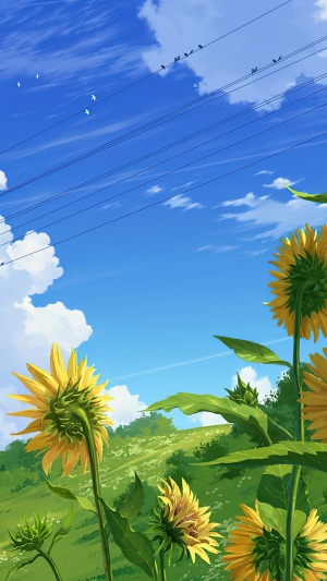 Anime Summer Sunflower Field with Birds on Wires