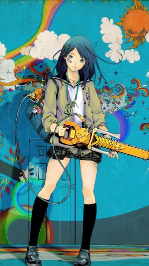Anime girl with chainsaw in front of graffiti wall