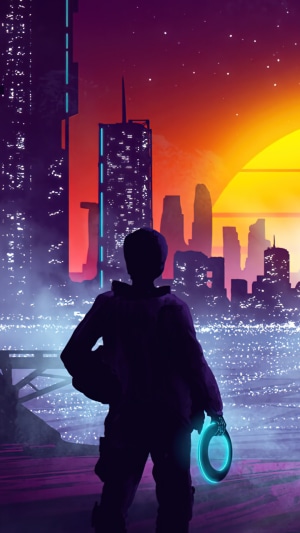 Silhouette of a person holding a glowing ring in a futuristic city at sunset