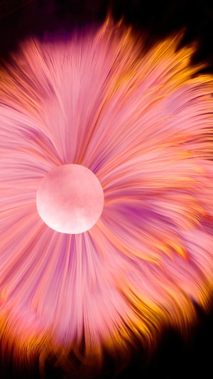 Abstract digital art with pink and orange petals and a sphere