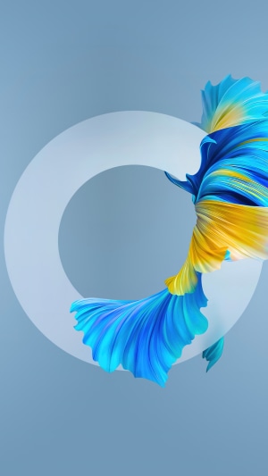 Abstract blue and yellow flowing shapes with a white circle