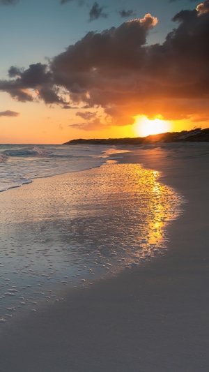 Sunset over a beach with waves