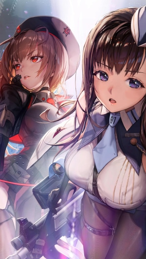 Two NIKKE: Goddess of Victory characters with guns