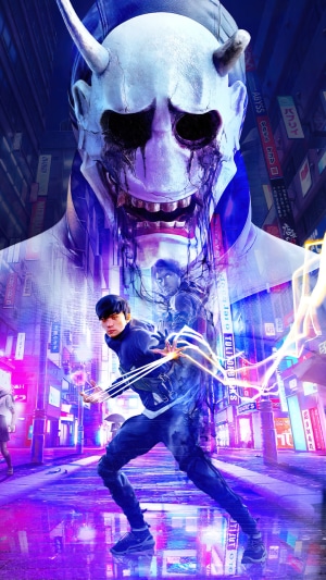 Ghostwire Tokyo: A man with supernatural powers confronts a demon mask.